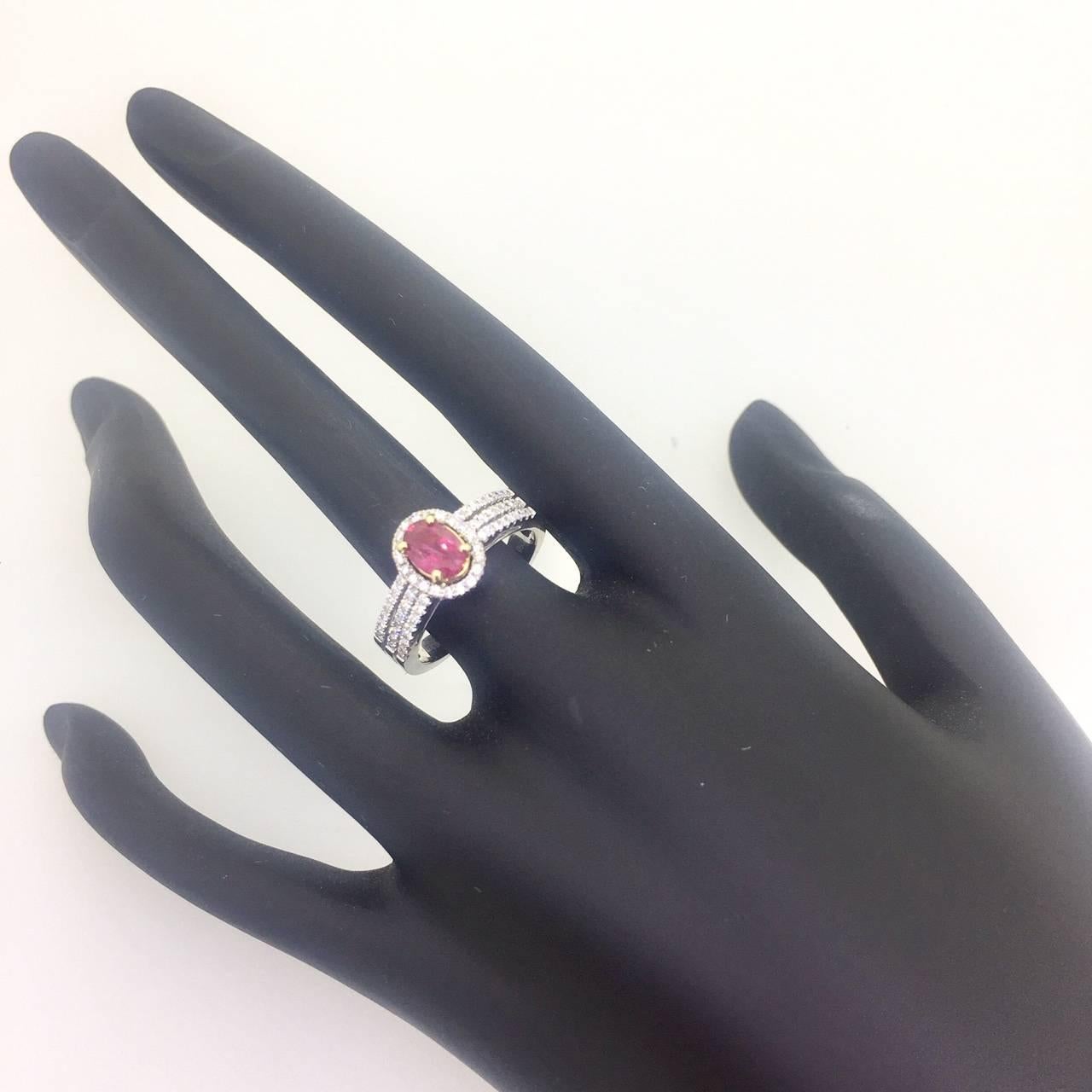Oval Cut 1.14 Carat Burmese Ruby Diamond 18K White Gold Engagement Ring For Sale