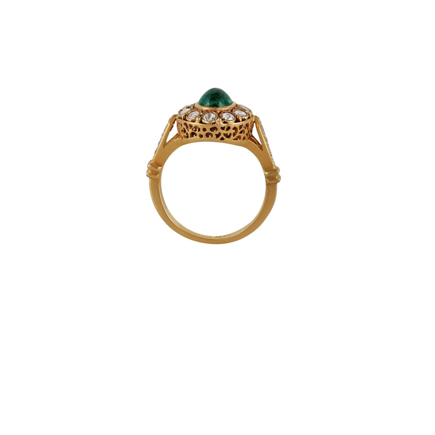 Oval Shaped Cabochon Emerald - 1.14 Carat
Round Shaped Diamond -0.53 Carat
18 Karat Yellow Gold - 5.27 Grams