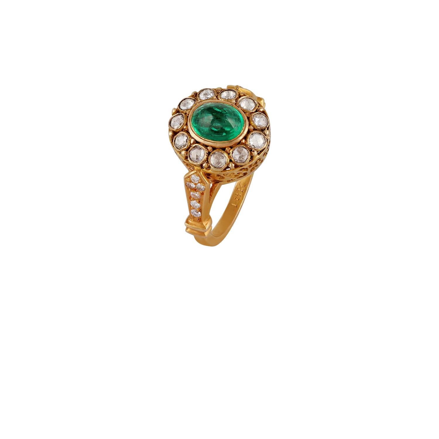 Contemporary 1.14 Carat Cabochon Emerald and Diamond Ring Studded in 18 Karat Yellow Gold For Sale