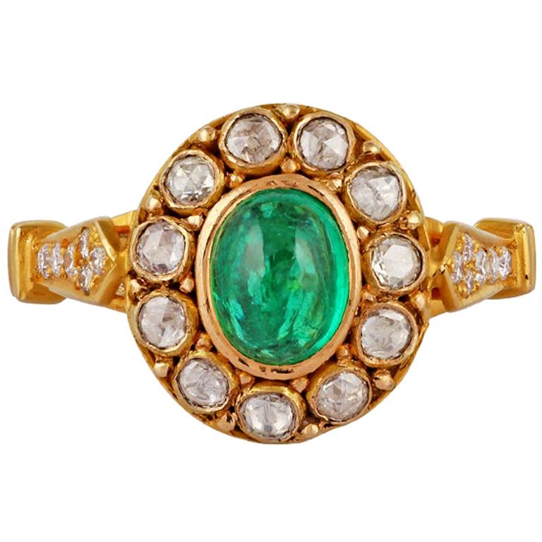 1.14 Carat Cabochon Emerald and Diamond Ring Studded in 18 Karat Yellow Gold