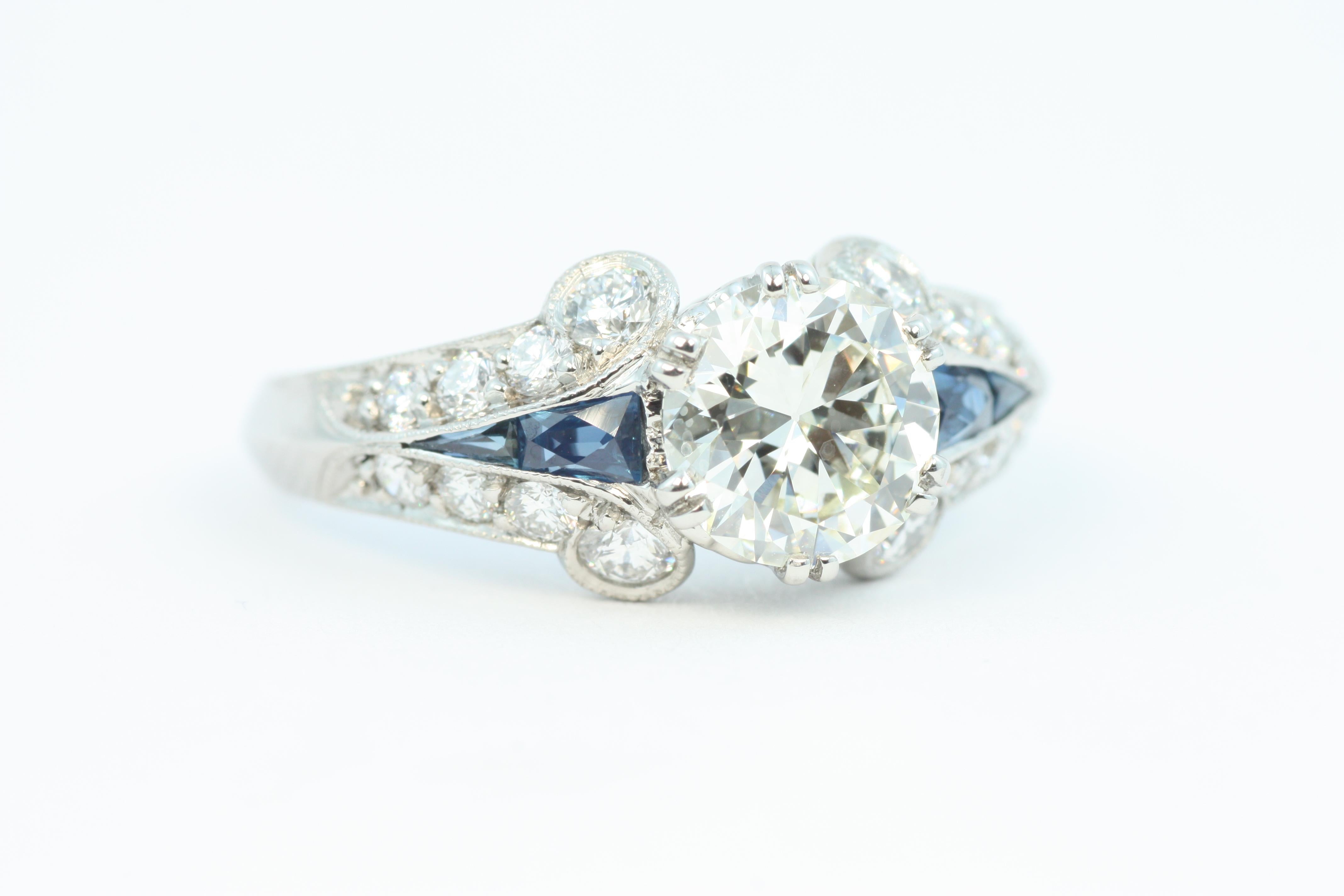Verlobungsring, 1,7 Karat Gesamt Diamant & Saphir Art Deco Palladium/Platinum (Brillantschliff) im Angebot