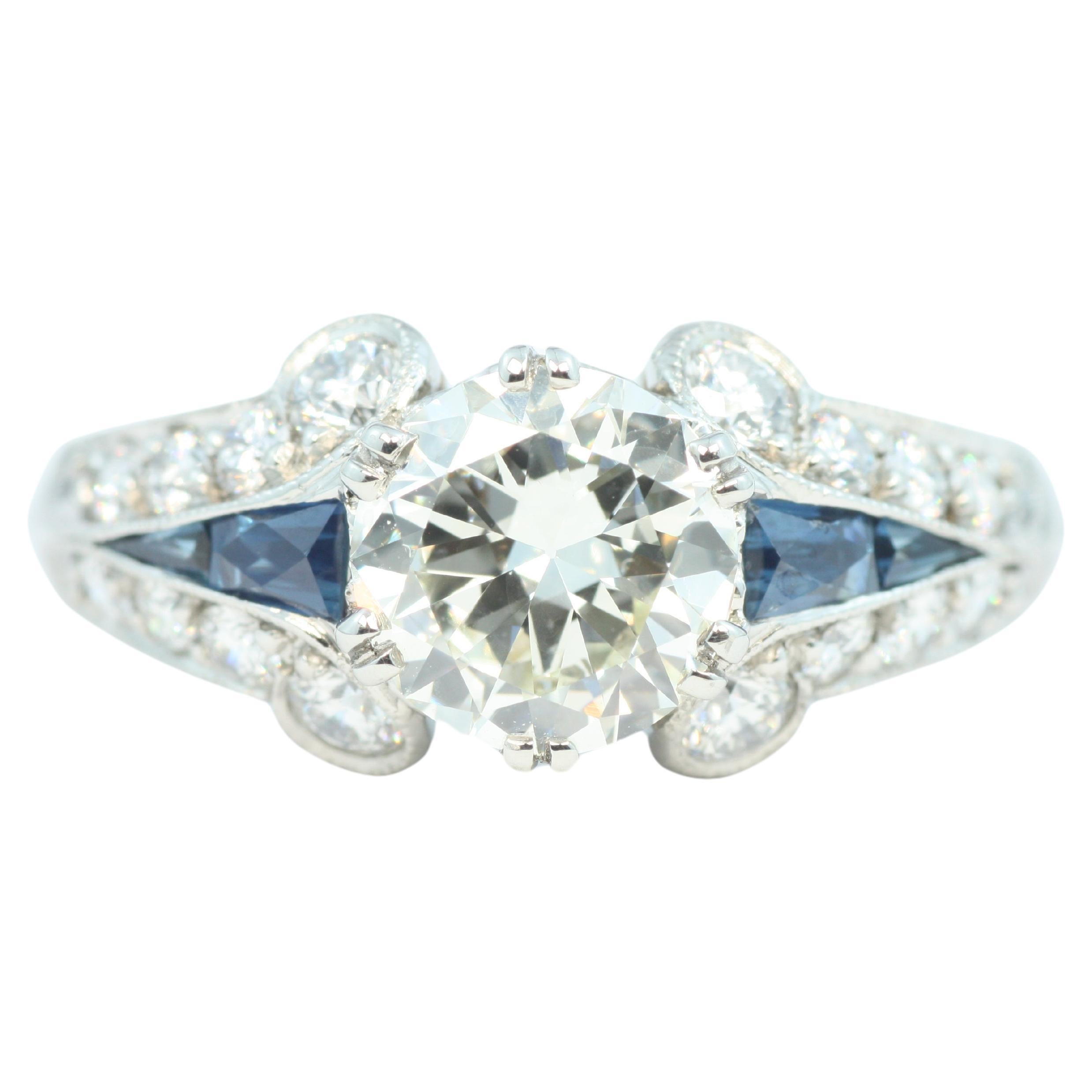 Verlobungsring, 1,7 Karat Gesamt Diamant & Saphir Art Deco Palladium/Platinum im Angebot