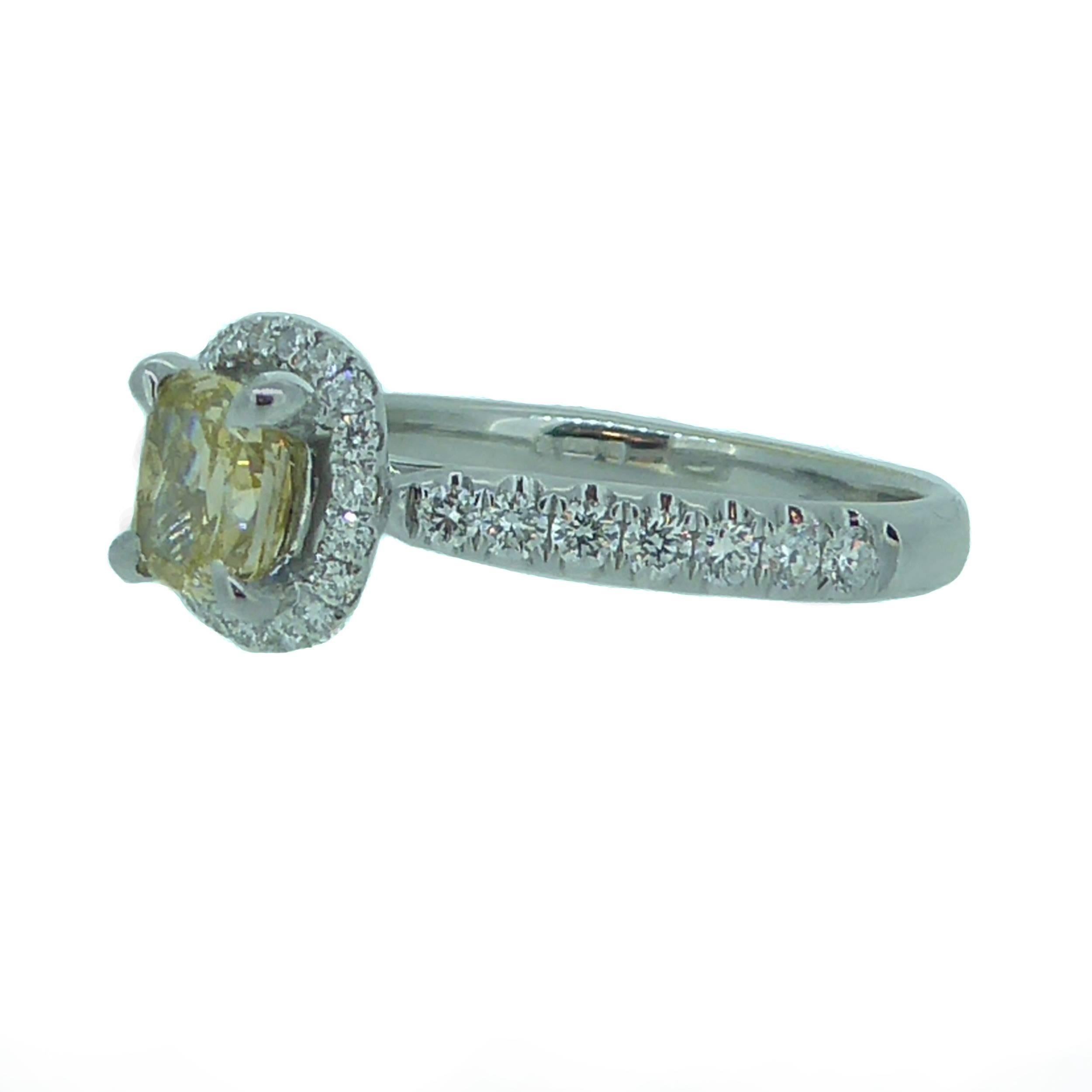 Women's or Men's 1.14 Carat Yellow Diamond Solitaire Engagement Ring, White Diamond Halo Surround