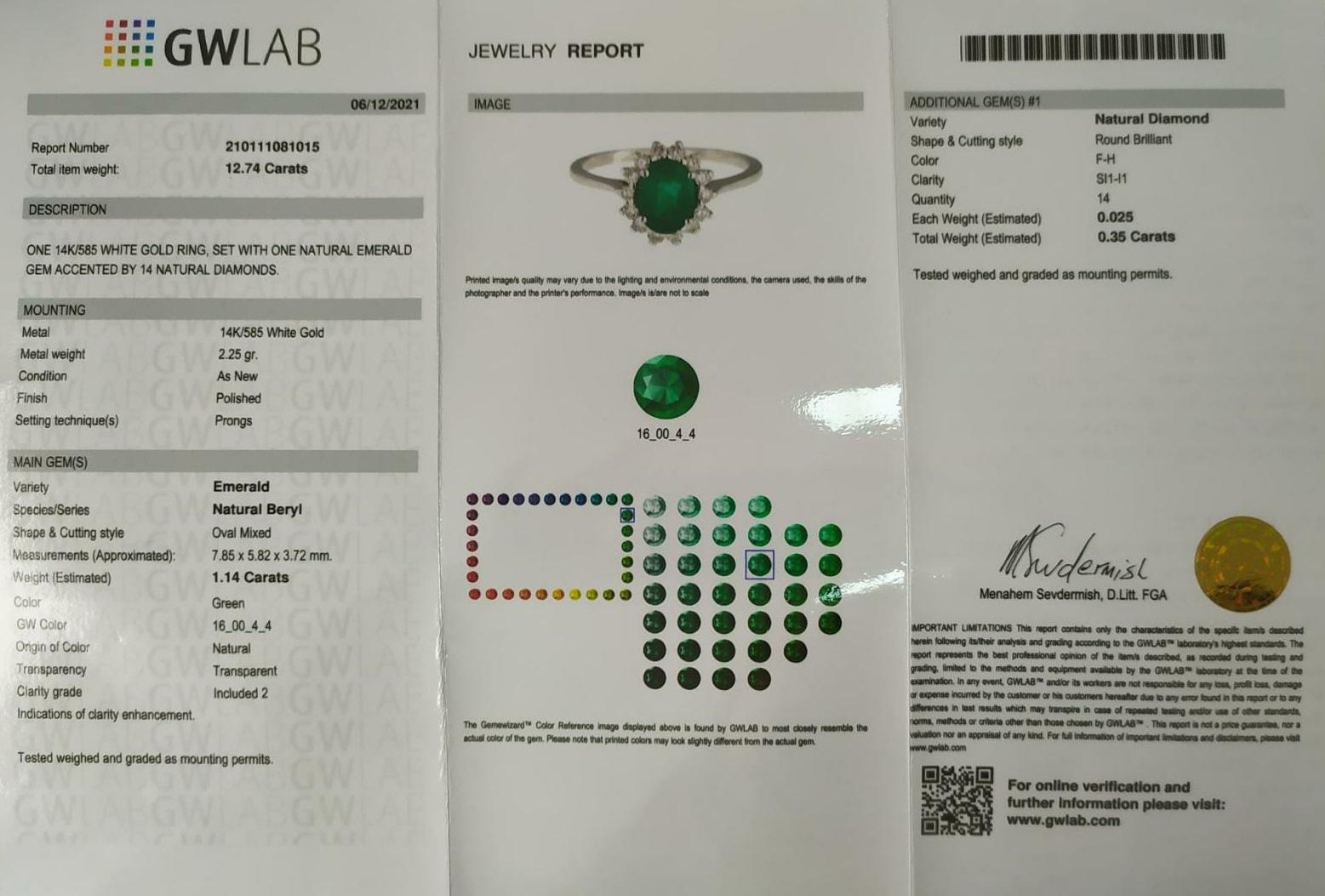 1.14 Carat Emerald & 0.35 Ct Diamonds, 14 Kt. White Gold Ring 4