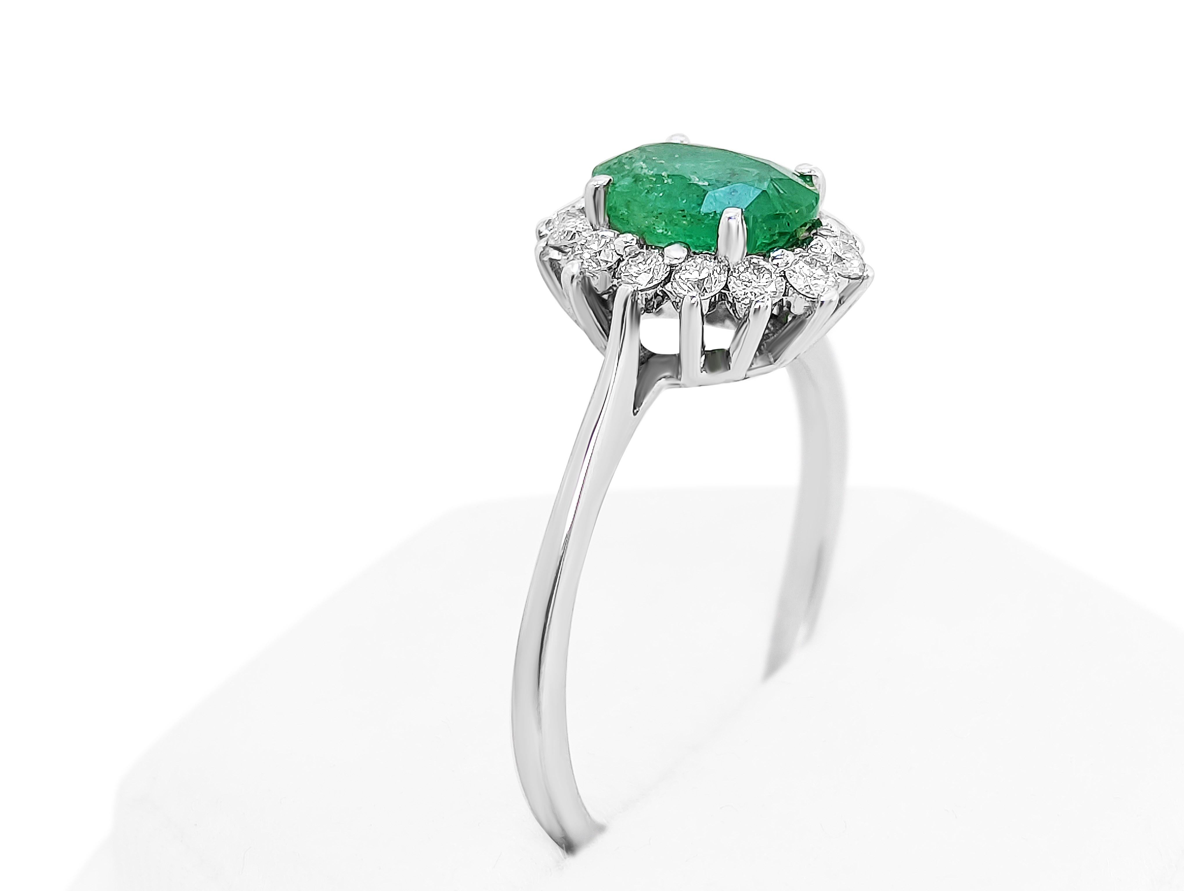 Oval Cut 1.14 Carat Emerald & 0.35 Ct Diamonds, 14 Kt. White Gold Ring