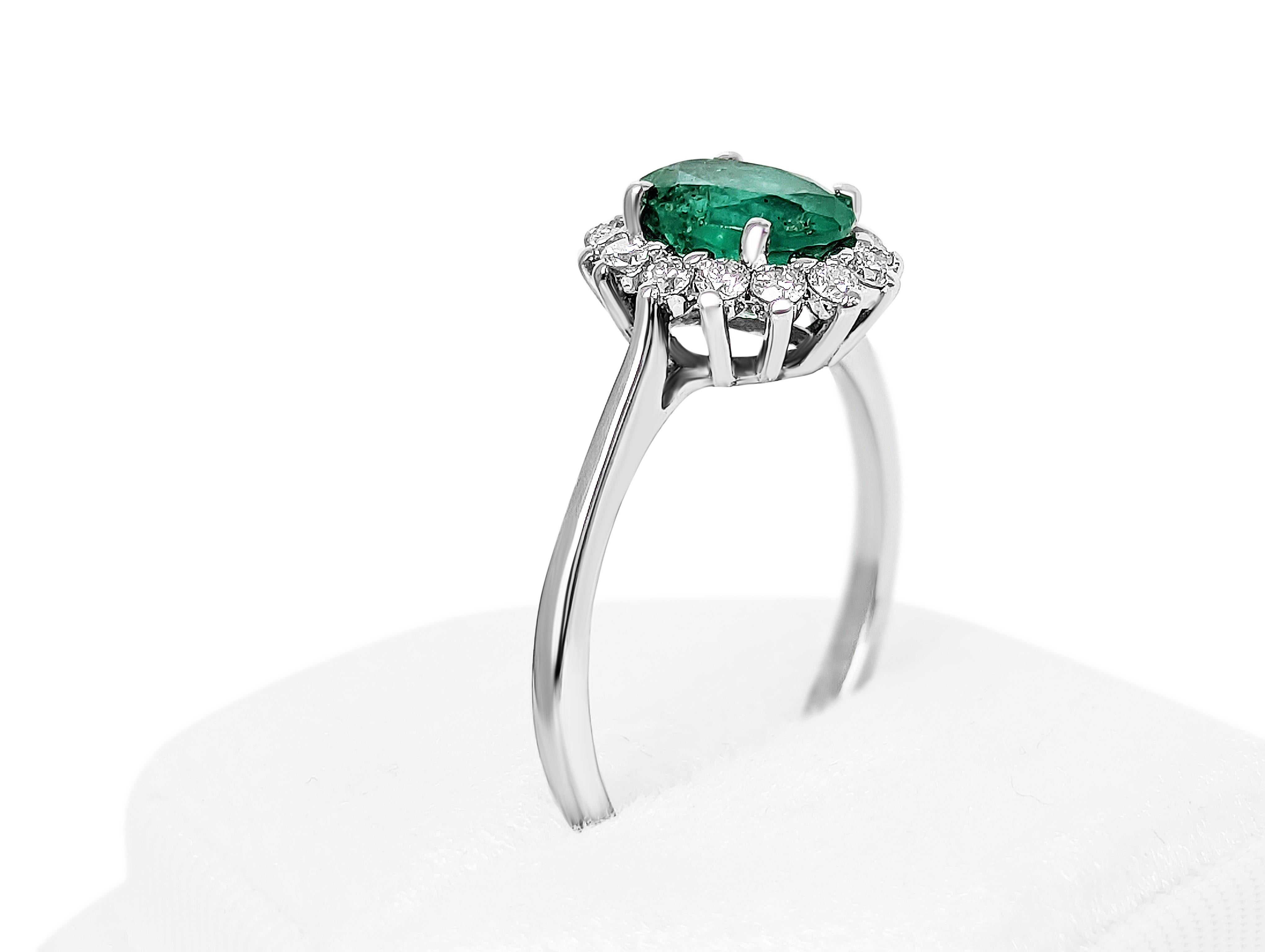 1.14 Carat Emerald & 0.35 Ct Diamonds, 14 Kt. White Gold Ring 1