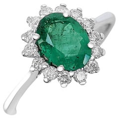 1.14 Carat Emerald & 0.35 Ct Diamonds, 14 Kt. White Gold Ring