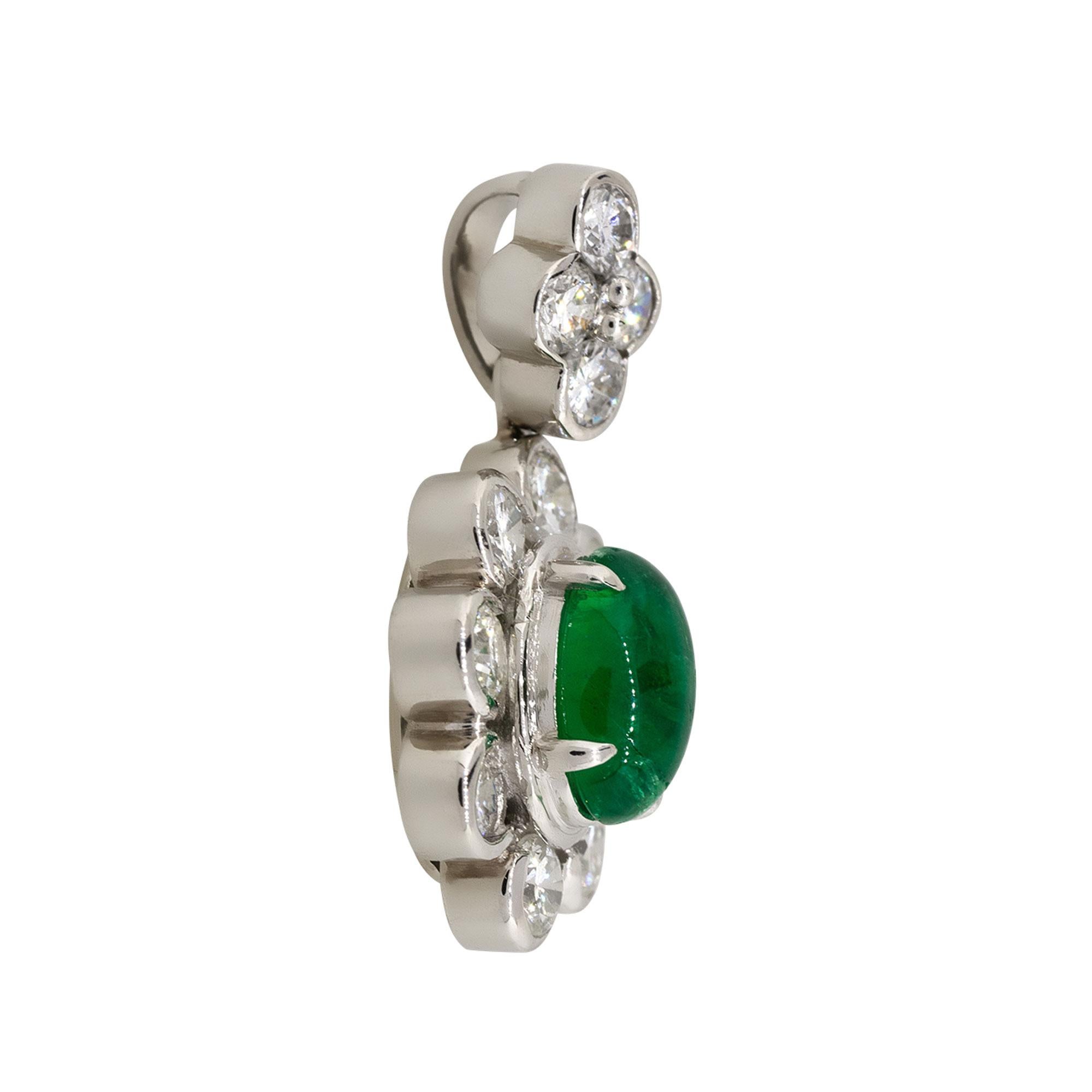 Material: 18k white gold
Diamond Details: Approx. 1.14ctw of round cut Diamonds. Diamonds are G/H in color and VS in clarity
Gemstone Details: Approx. 1.14ctw of Emerald cabochon gemstones
Pendant Measurements: 12.7mm x 7.7mm x 24mm
Total Weight: