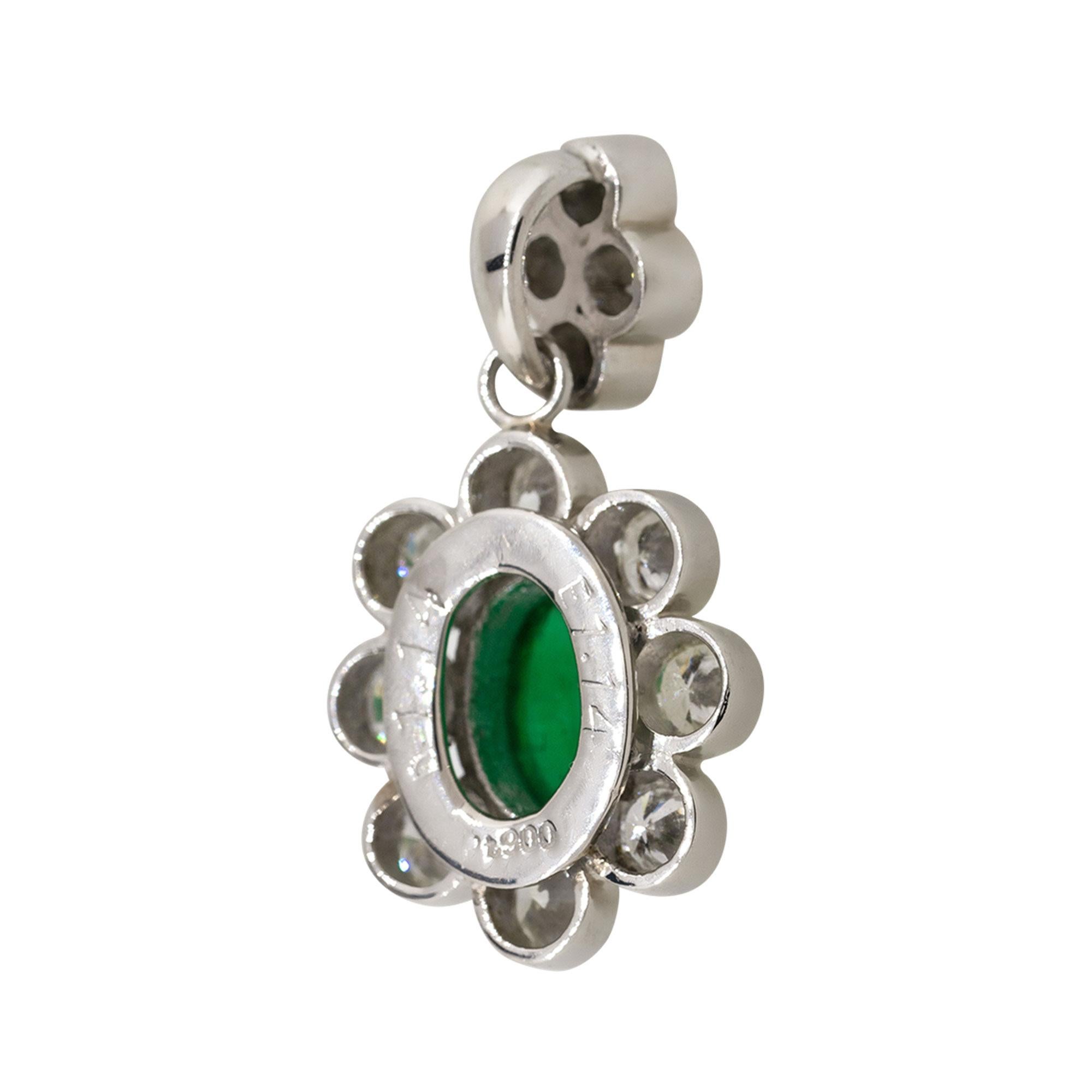 1.14 Carat Emerald Cabochon Flower Pendant with Diamonds Platinum In New Condition In Boca Raton, FL