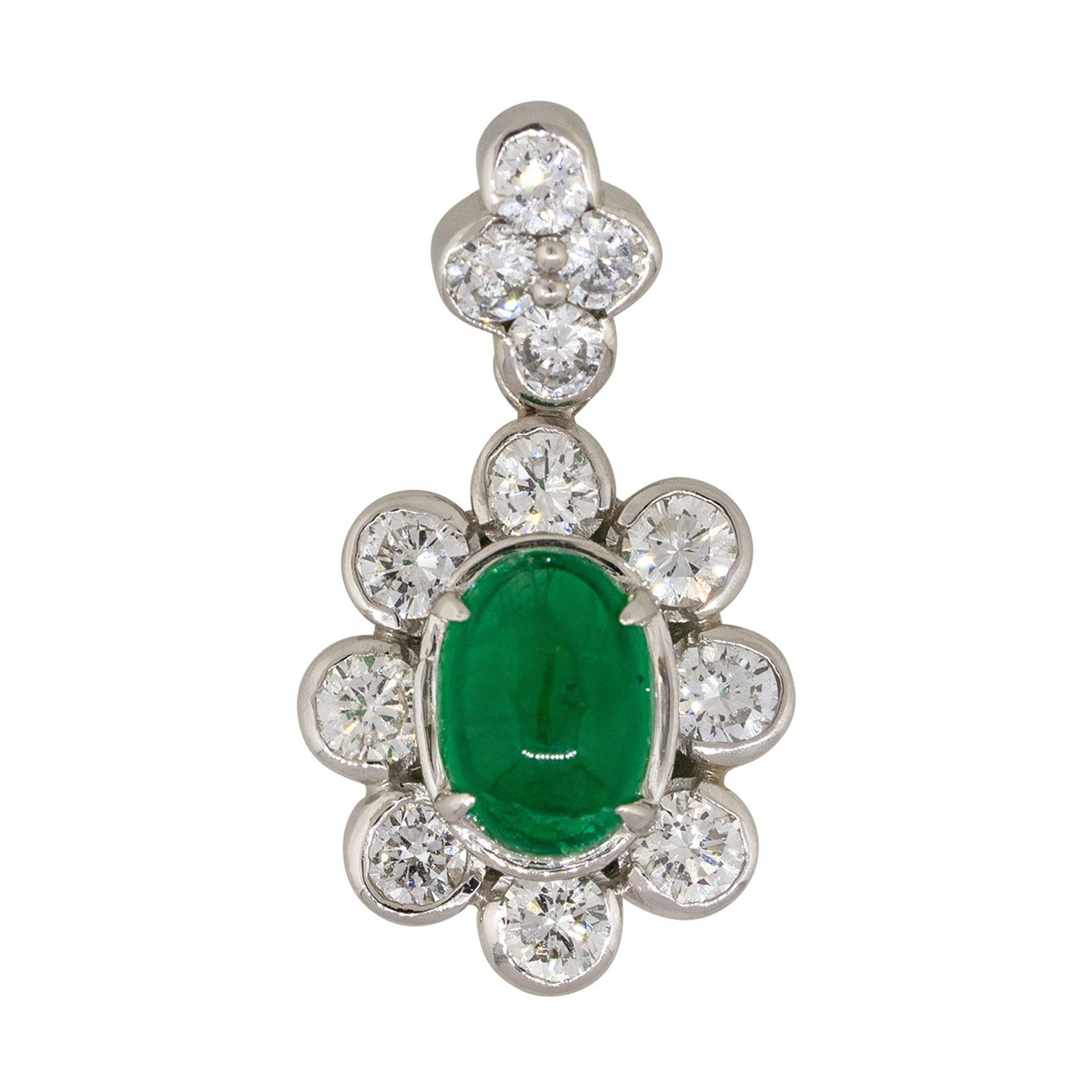 1.14 Carat Emerald Cabochon Flower Pendant with Diamonds Platinum