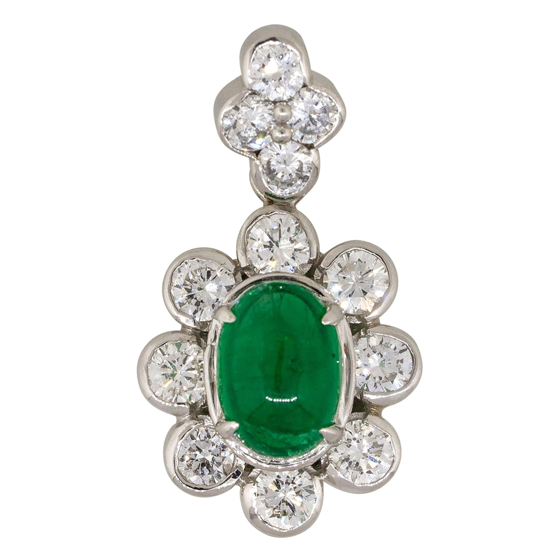 1.14 Carat Emerald Cabochon Flower Pendant with Diamonds Platinum For Sale