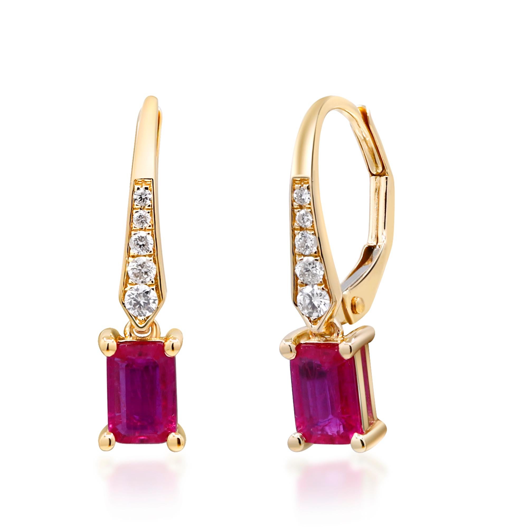 Decorate yourself in elegance with this Earring is crafted from 14-karat Yellow Gold by Gin & Grace Earring. This Earring is made up of 6x4 Emerald-cut (2 pcs) 1.14 carat Ruby and Round-cut White Diamond (10 pcs) 0.14 carat. This Earring is weight