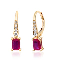 1.14 Carat Emerald-Cut Ruby Diamond Accents 14K Yellow Gold Hoop Earring