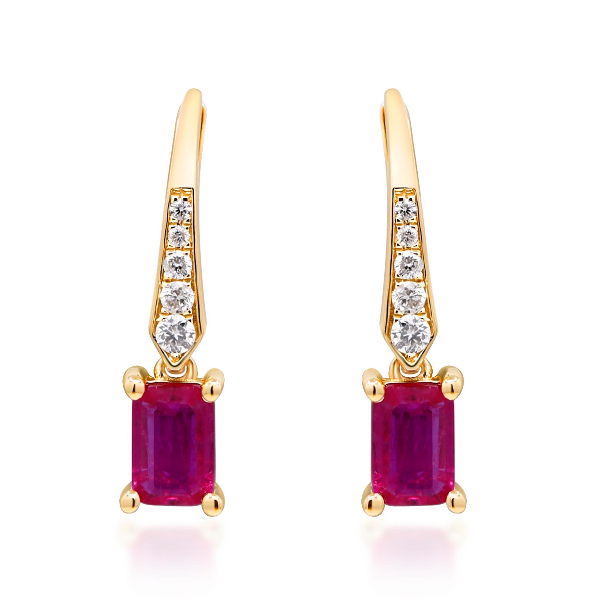 Art Deco 1.14 Carat Emerald-Cut Ruby Diamond Accents 14K Yellow Gold Hoop Earring