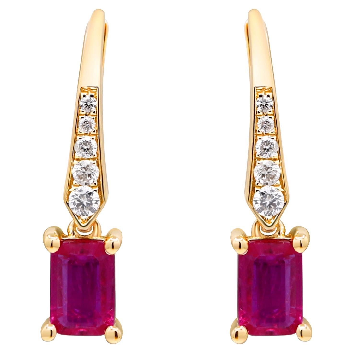 1.14 Carat Emerald-Cut Ruby Diamond Accents 14K Yellow Gold Hoop Earring