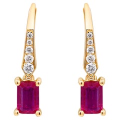Vintage 1.14 Carat Emerald-Cut Ruby Diamond Accents 14K Yellow Gold Hoop Earring