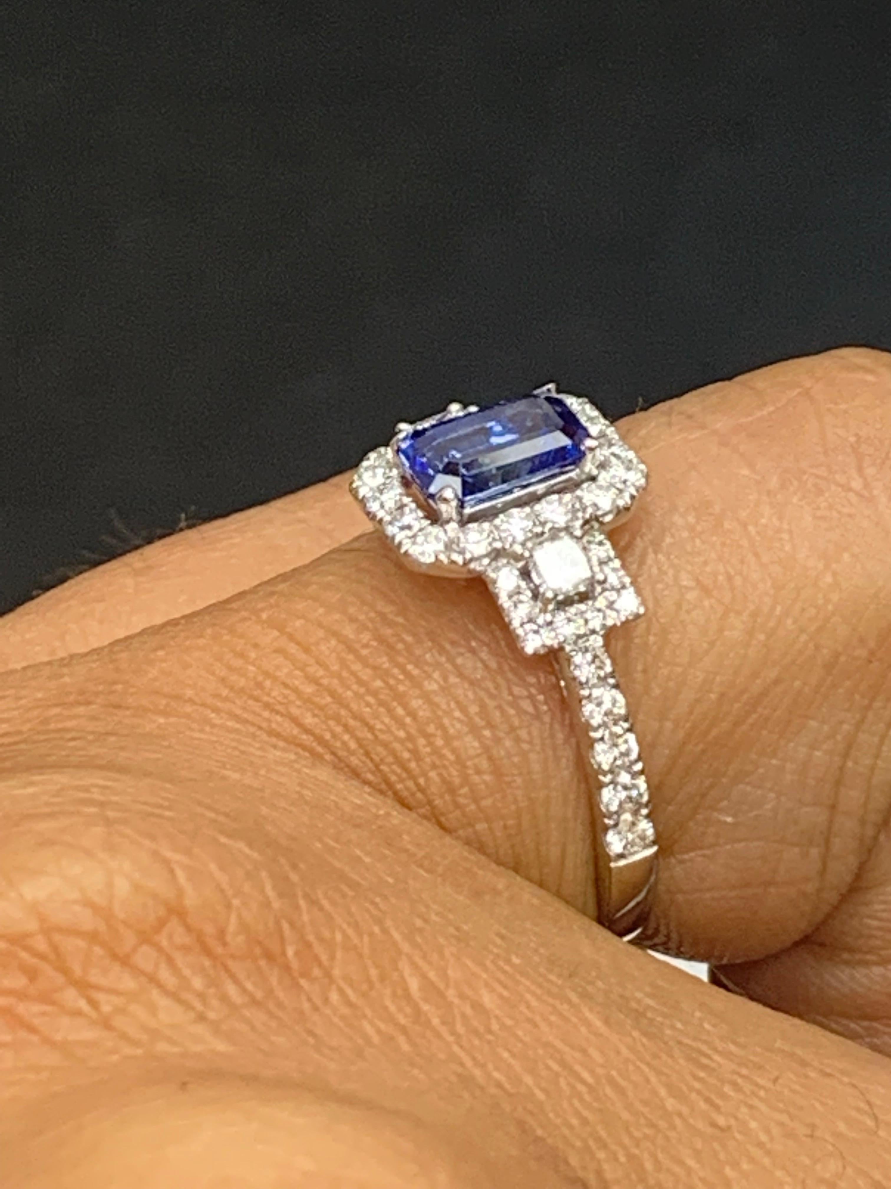 1.14 Carat Emerald Cut Sapphire and Diamond Halo Ring in 18K White Gold In New Condition For Sale In NEW YORK, NY