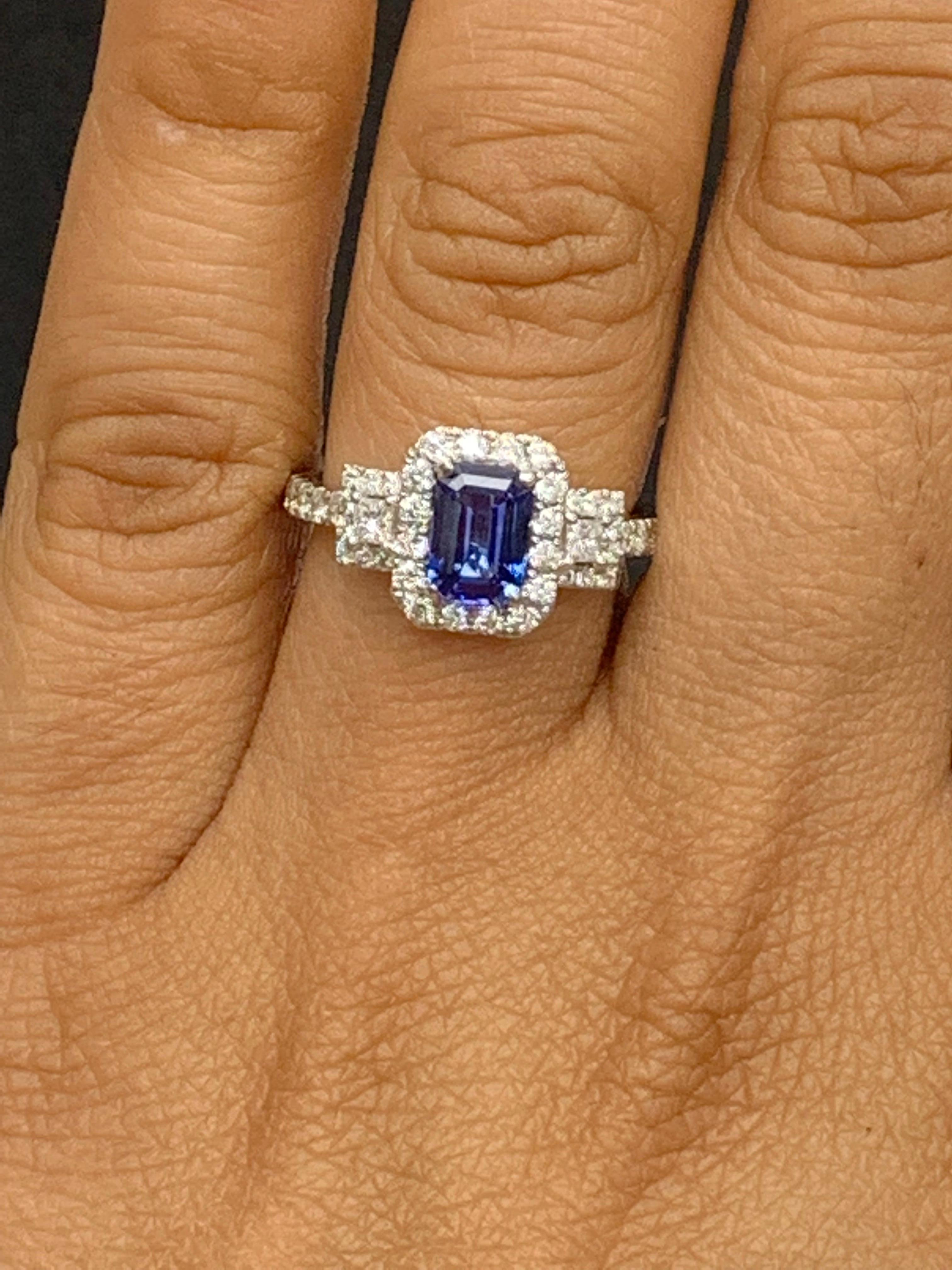 Women's 1.14 Carat Emerald Cut Sapphire and Diamond Halo Ring in 18K White Gold For Sale