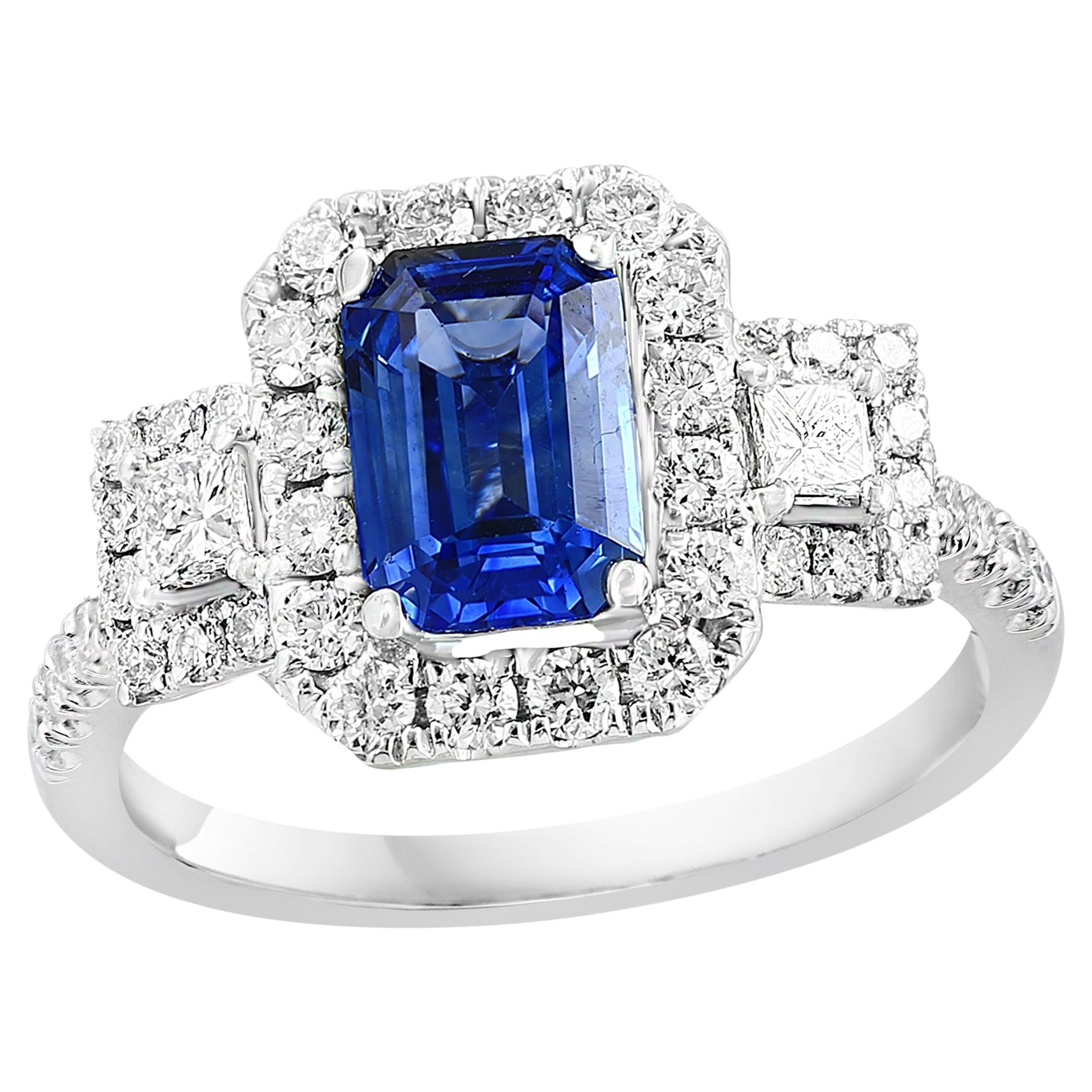 1.14 Carat Emerald Cut Sapphire and Diamond Halo Ring in 18K White Gold For Sale
