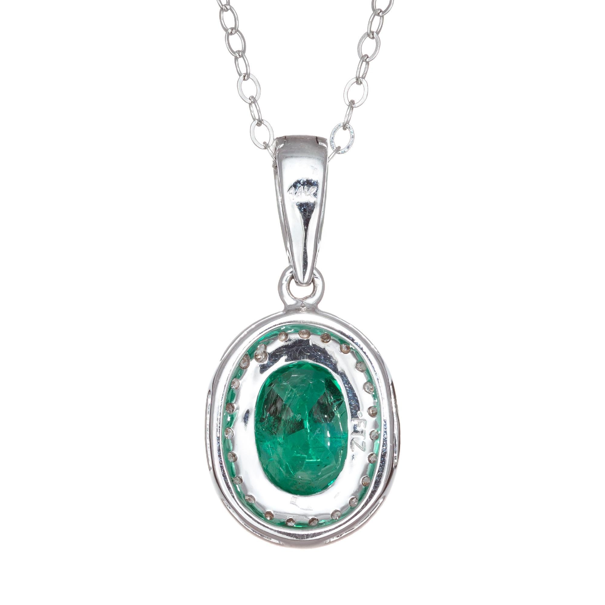 1.14 Carat Emerald Diamond Halo Diamond Pendant Necklace In Excellent Condition For Sale In Stamford, CT
