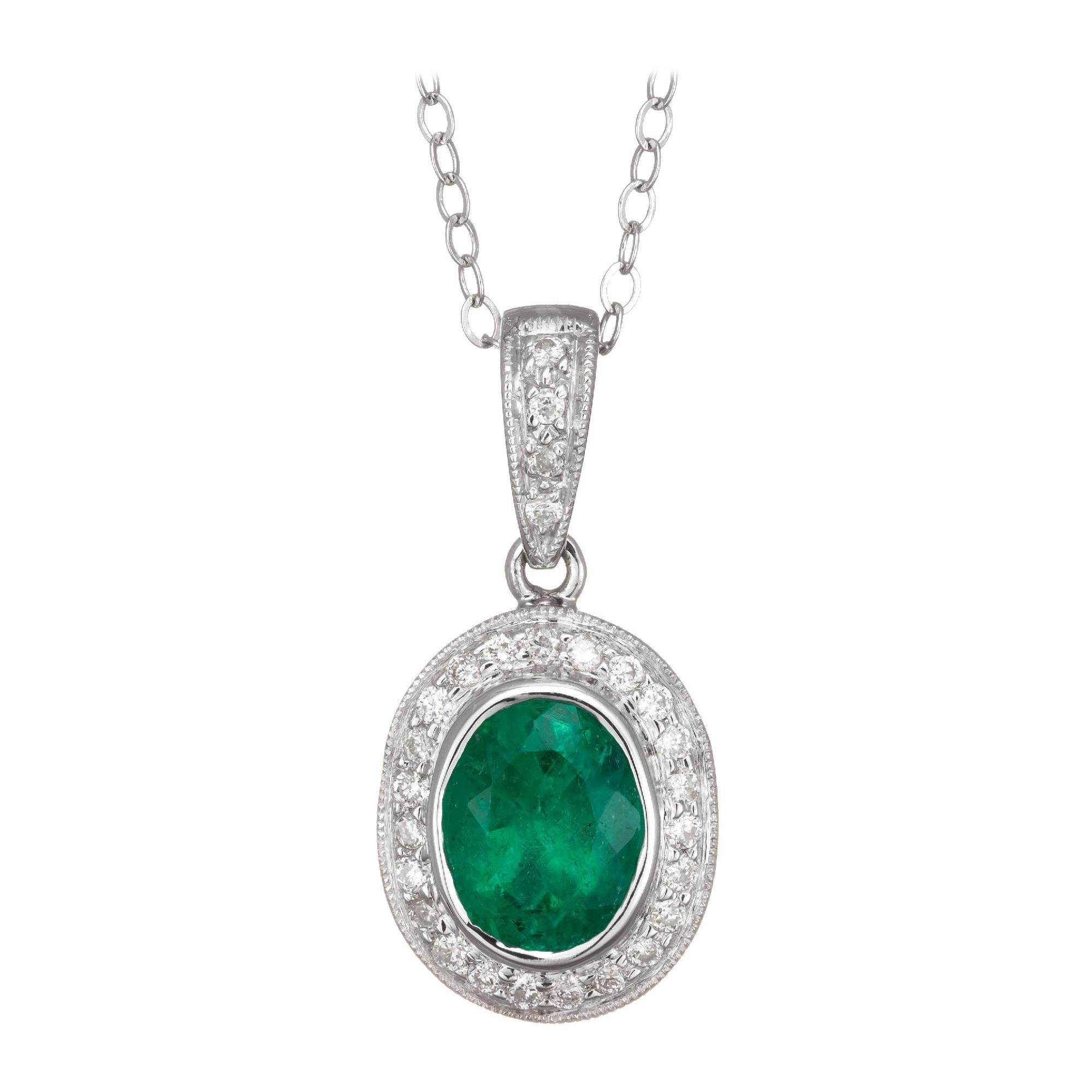 1.14 Carat Emerald Diamond Halo Diamond Pendant Necklace For Sale