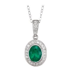 1.14 Carat Emerald Diamond Halo Diamond Pendant Necklace
