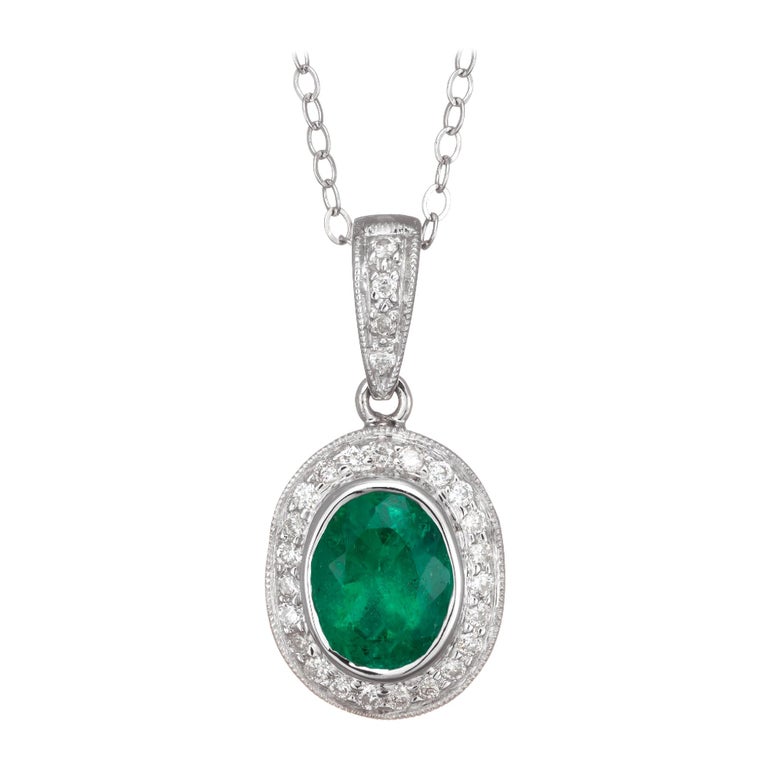1.14 Carat Emerald Diamond Halo Diamond Pendant Necklace For Sale at ...