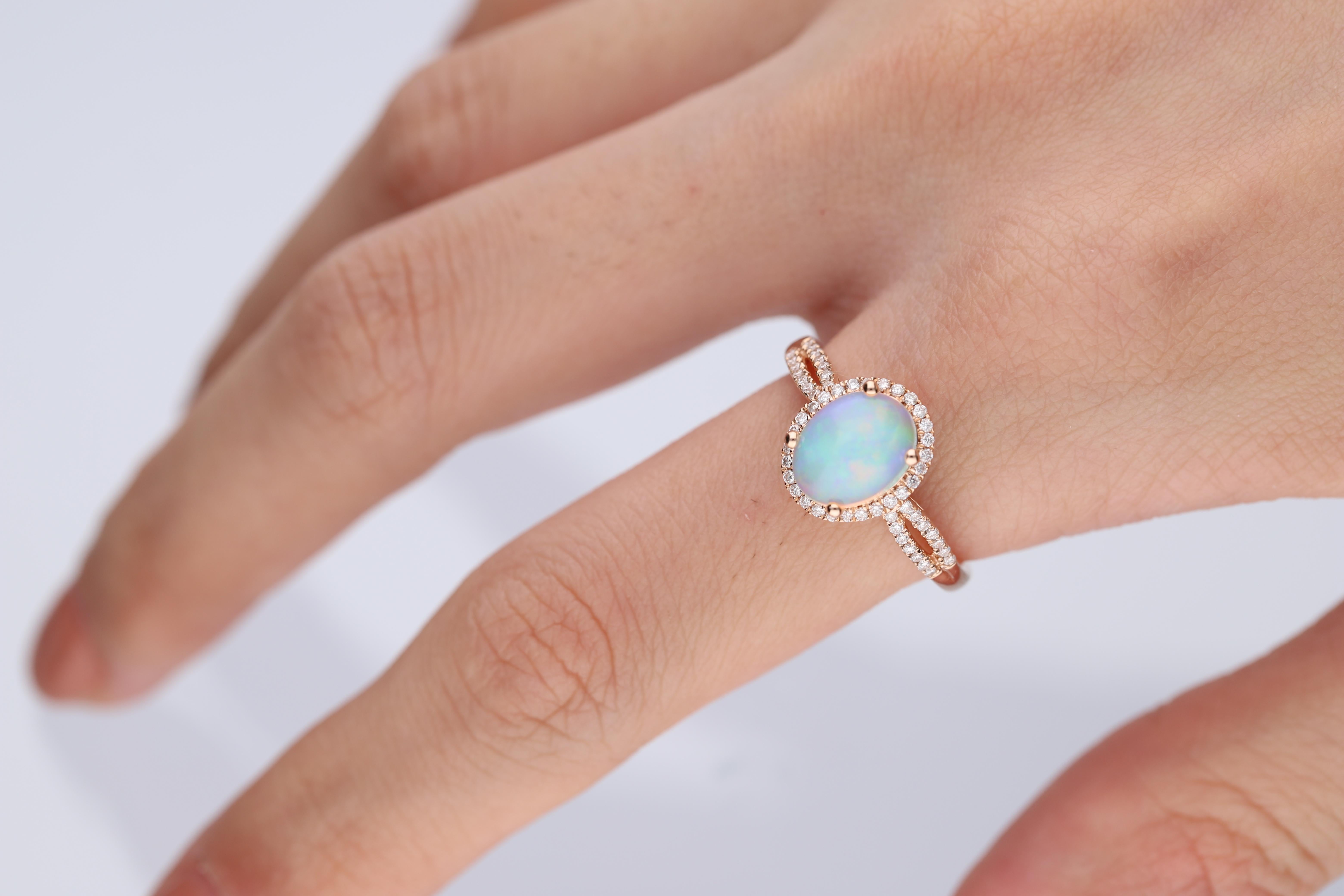 This beautiful opal ring is crafted in 10-karat Rose gold and features a 1.14 carat Ethiopian Opal & 56 Round Diamonds in GH- I1 quality with 0.22 ct. in a prong-setting. This ring comes in sizes 6 to 9, and it is a perfect gift either for yourself