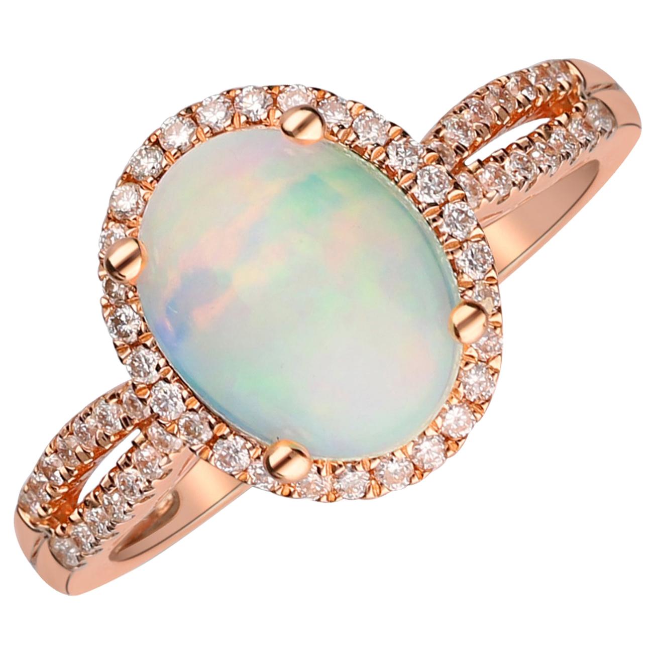 Art Deco 1.14 Carat Ethiopian Opal and Diamond 10 Karat Rose gold Ring For Sale