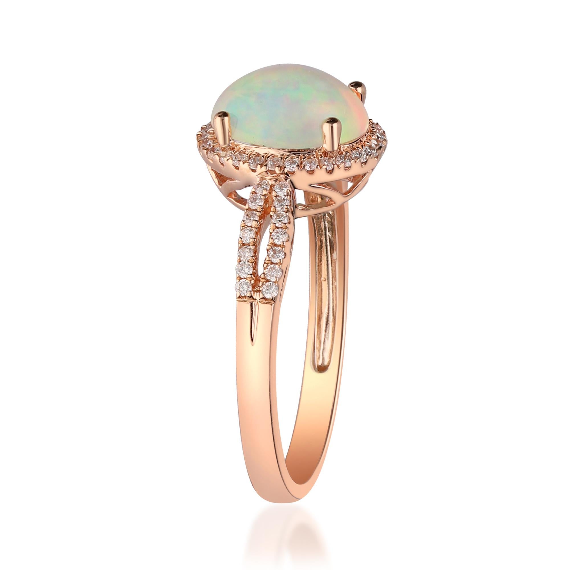 Cabochon 1.14 Carat Ethiopian Opal and Diamond 10 Karat Rose gold Ring For Sale
