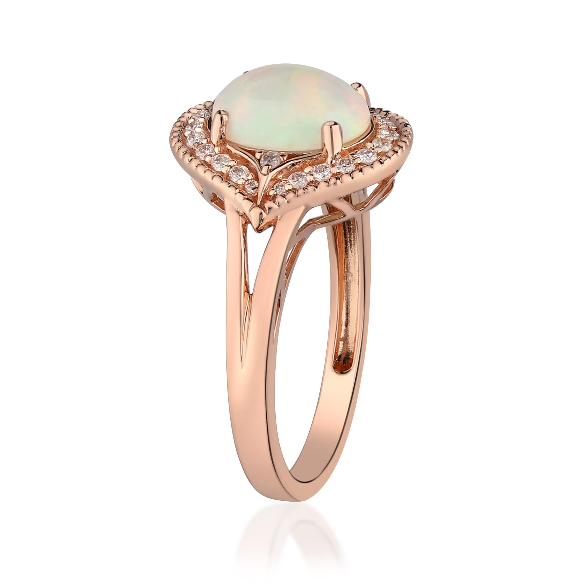 Art Deco 1.14 Carat Ethiopian Opal and Diamond 14 Karat Rose Gold Ring For Sale