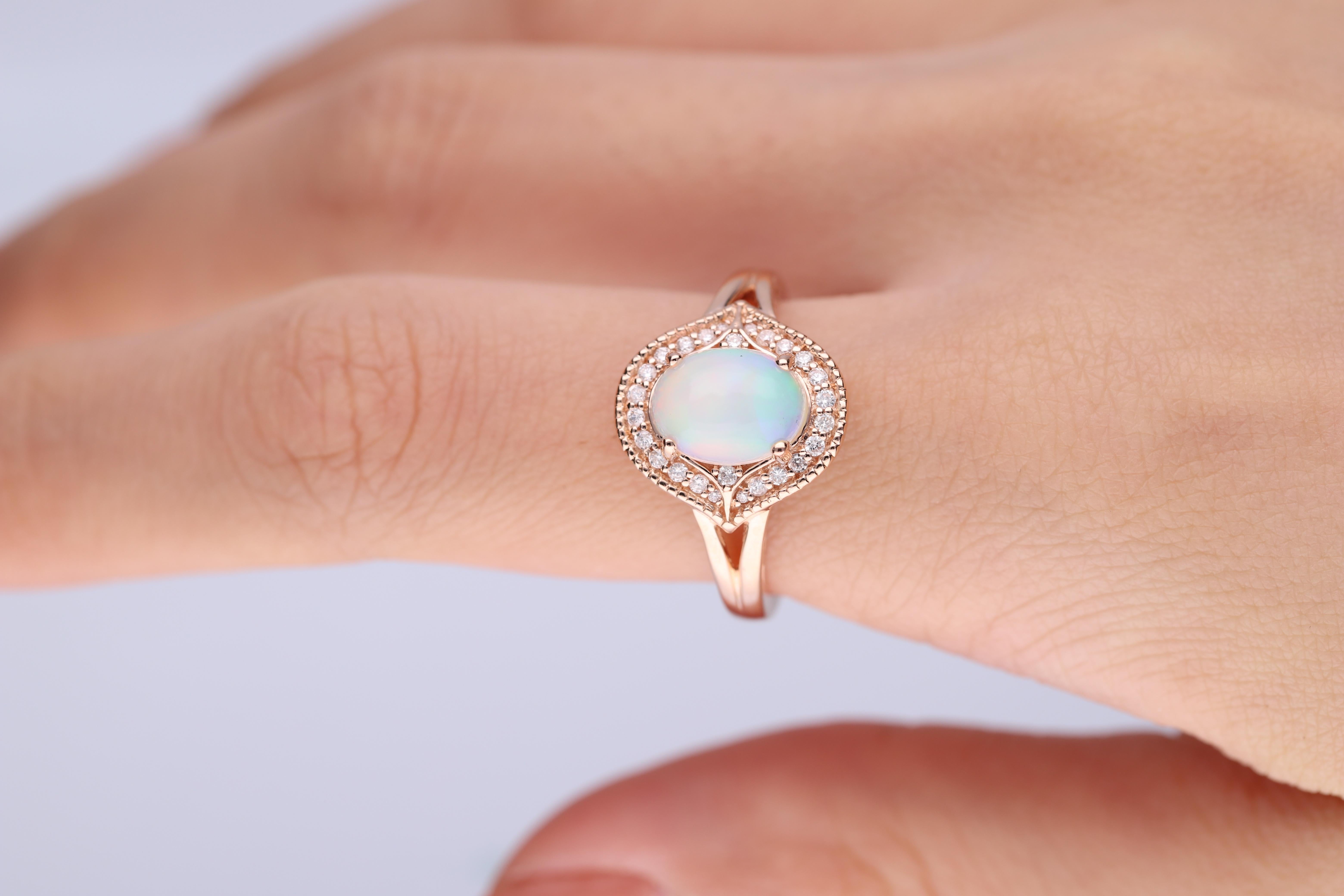 This beautiful opal ring is crafted in 14-karat Rose gold and features a 1.14 carat Ethiopian Opal & 26 Round Diamonds in GH- I1 quality with 0.16 ct. in a prong-setting. This ring comes in sizes 6 to 9, and it is a perfect gift either for yourself
