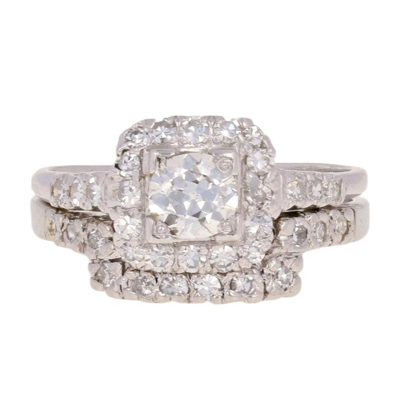 1.14 Carat European Cut Diamond Art Deco Ring and Wedding Band Platinum For Sale
