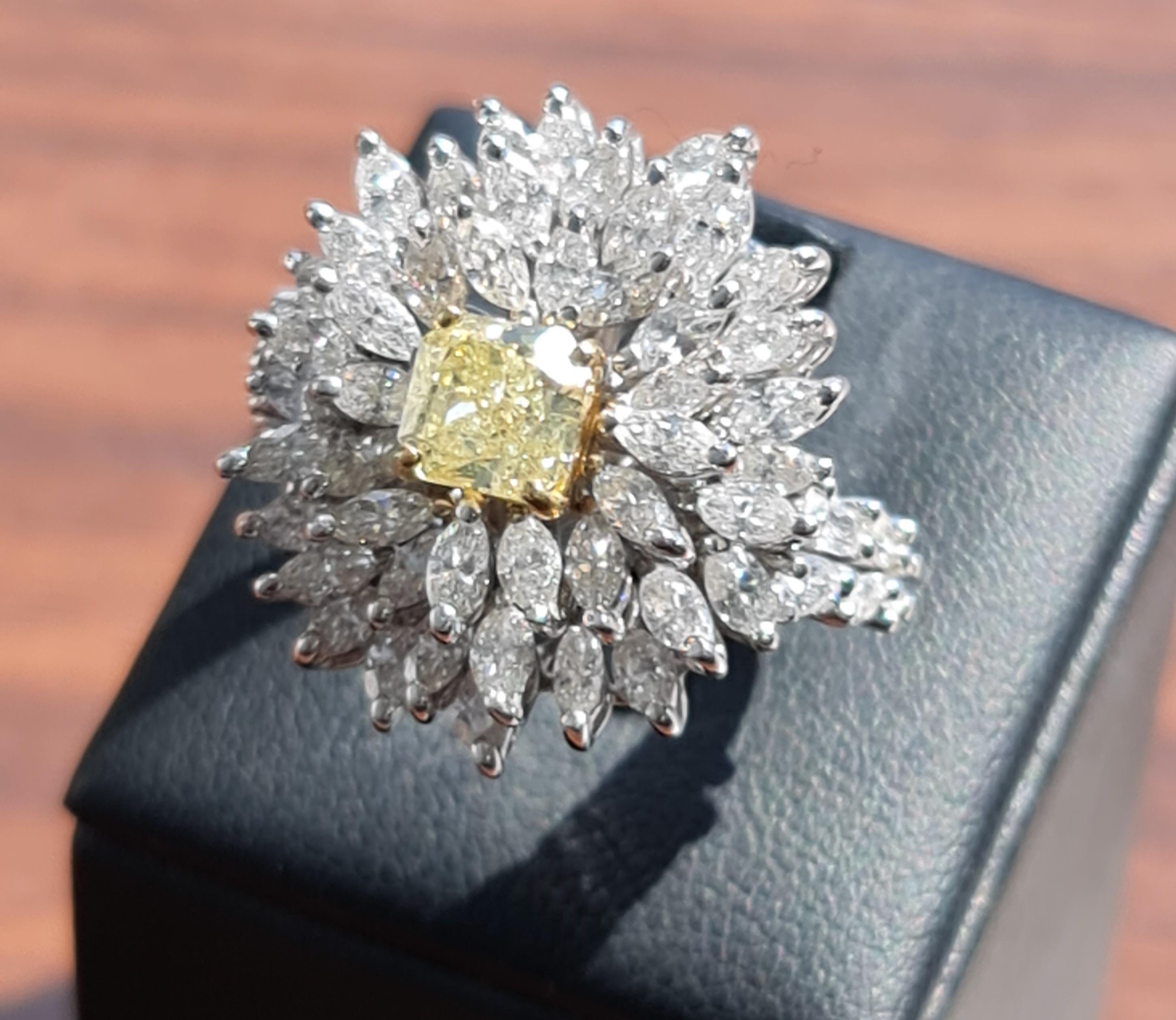 1.14 Carat Fancy Yellow Diamond, GIA, 3.43 Carat Natural Marquise Diamond Ring For Sale 5