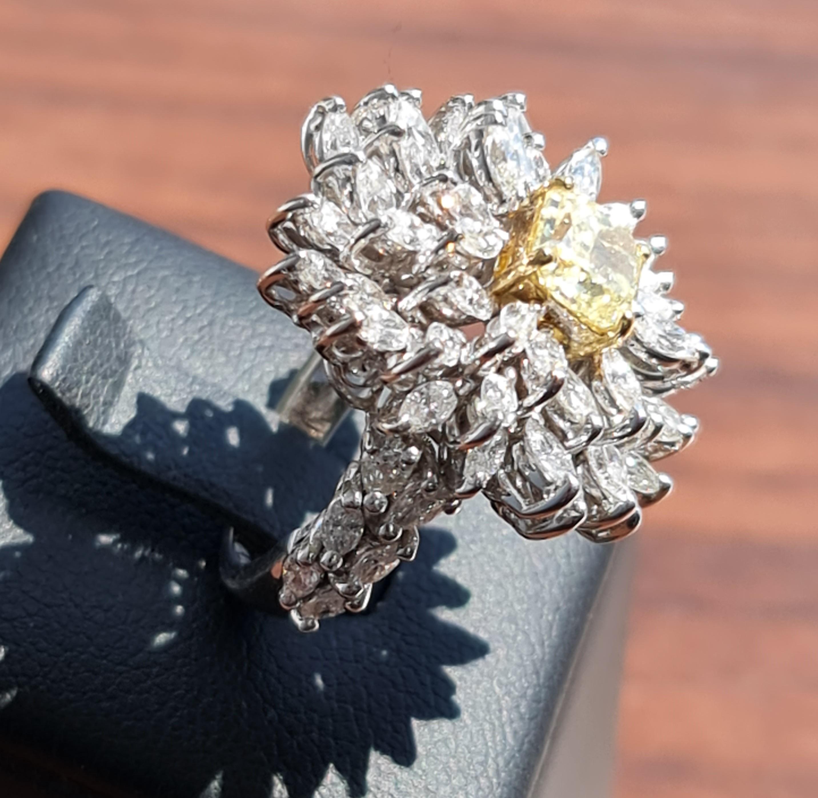 1.14 Carat Fancy Yellow Diamond, GIA, 3.43 Carat Natural Marquise Diamond Ring For Sale 6