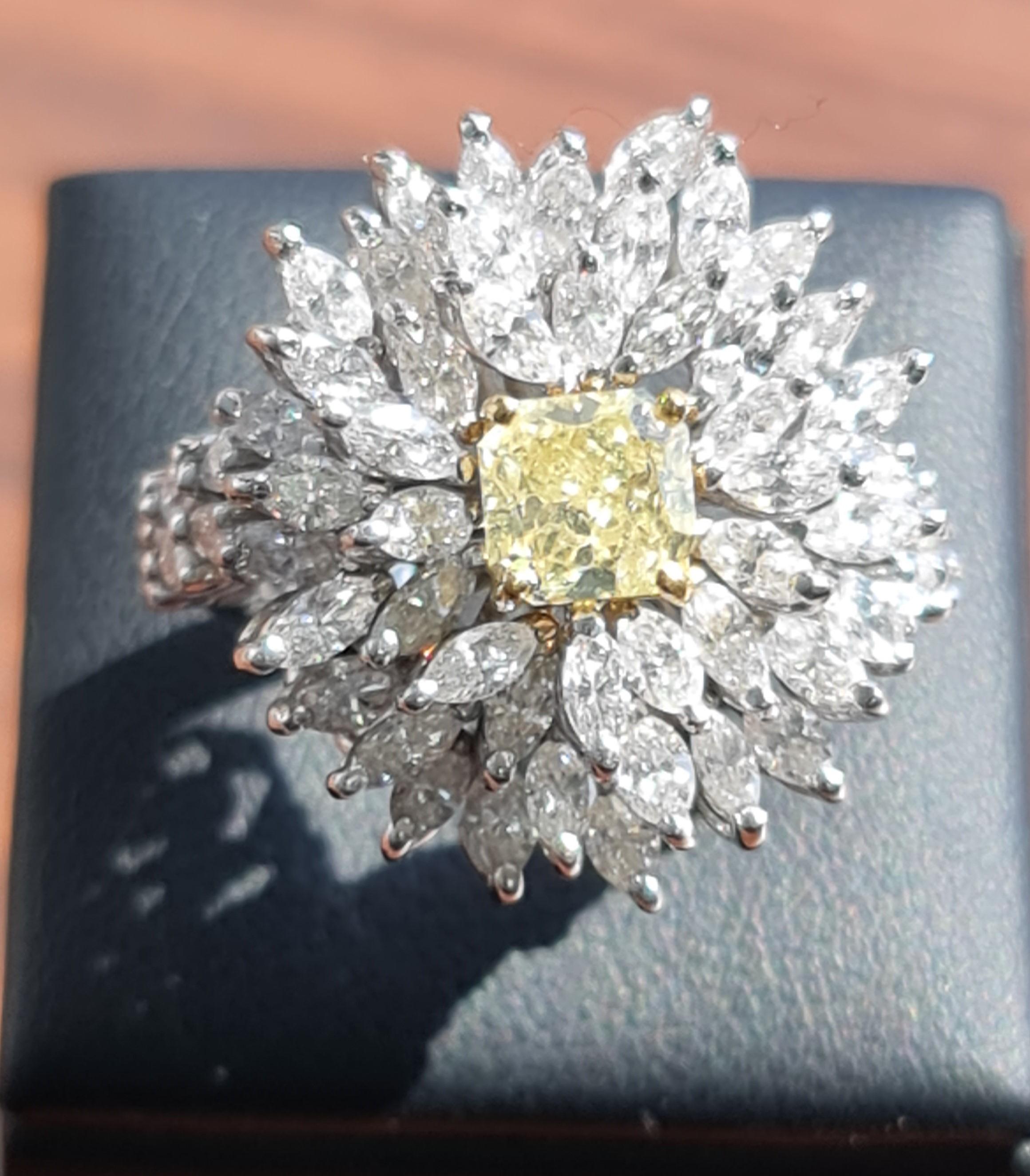 Art Deco 1.14 Carat Fancy Yellow Diamond, GIA, 3.43 Carat Natural Marquise Diamond Ring For Sale