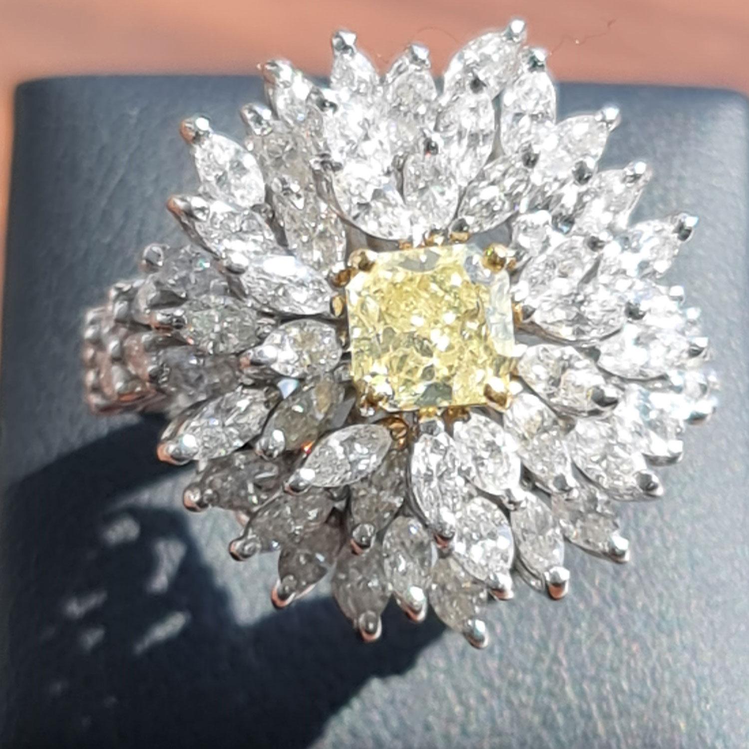 Marquise Cut 1.14 Carat Fancy Yellow Diamond, GIA, 3.43 Carat Natural Marquise Diamond Ring For Sale