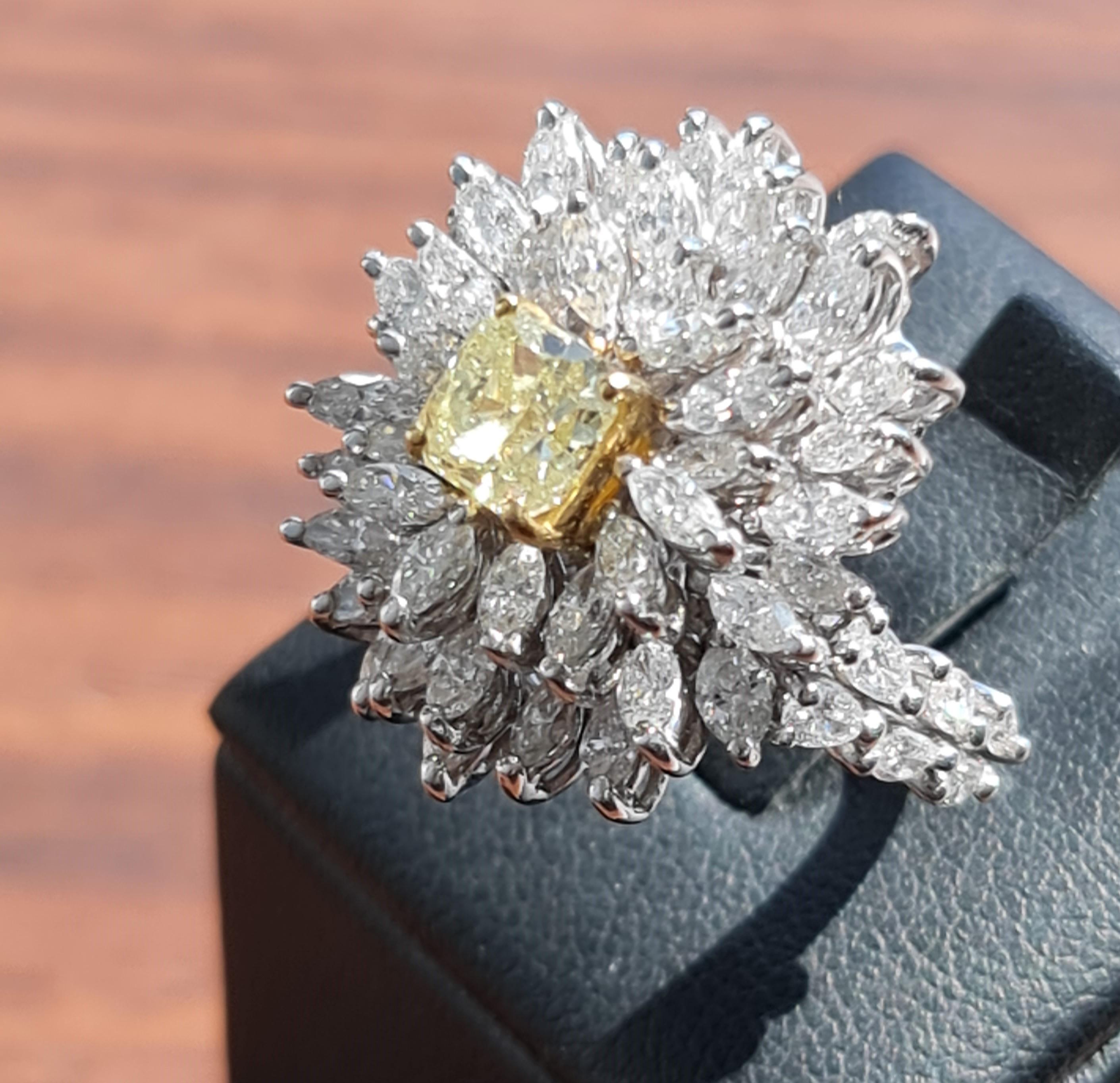 Women's 1.14 Carat Fancy Yellow Diamond, GIA, 3.43 Carat Natural Marquise Diamond Ring For Sale