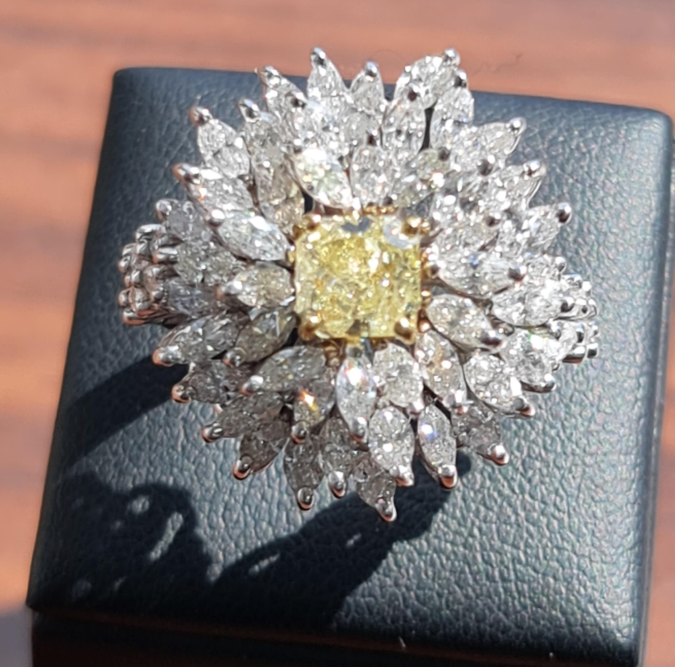 1.14 Carat Fancy Yellow Diamond, GIA, 3.43 Carat Natural Marquise Diamond Ring For Sale 4