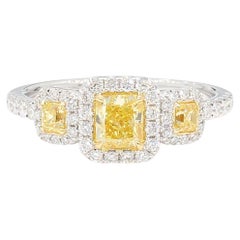 1.14 Carat Fancy Yellow Three Stone Ring With Diamond Halo Cushion & Ascher 18K