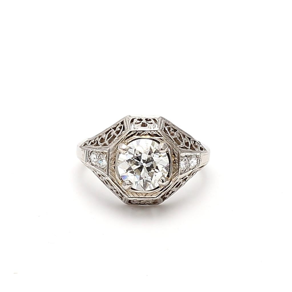 1.14 Carat Old European Cut I SI2 Diamond Platinum Art Deco Ring en vente 4