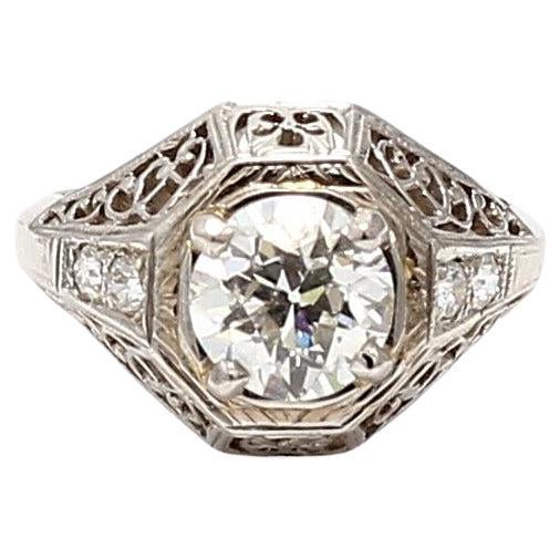 Anillo Art Decó de Platino con Diamantes de Corte Europeo Antiguo I SI2 de 1,14 quilates