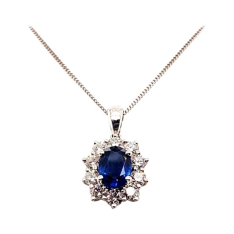 1.14 Carat Oval Cut Blue Sapphire and Diamond Pendant in 18K White Gold For Sale