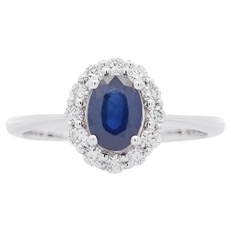 1.14 Carat Oval Deep Blue Sapphire & Round Diamond 18K White Gold Statement Ring