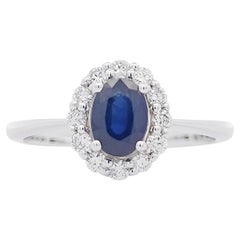 1.14 Carat Oval Deep Blue Sapphire & Round Diamond 18K White Gold Statement Ring