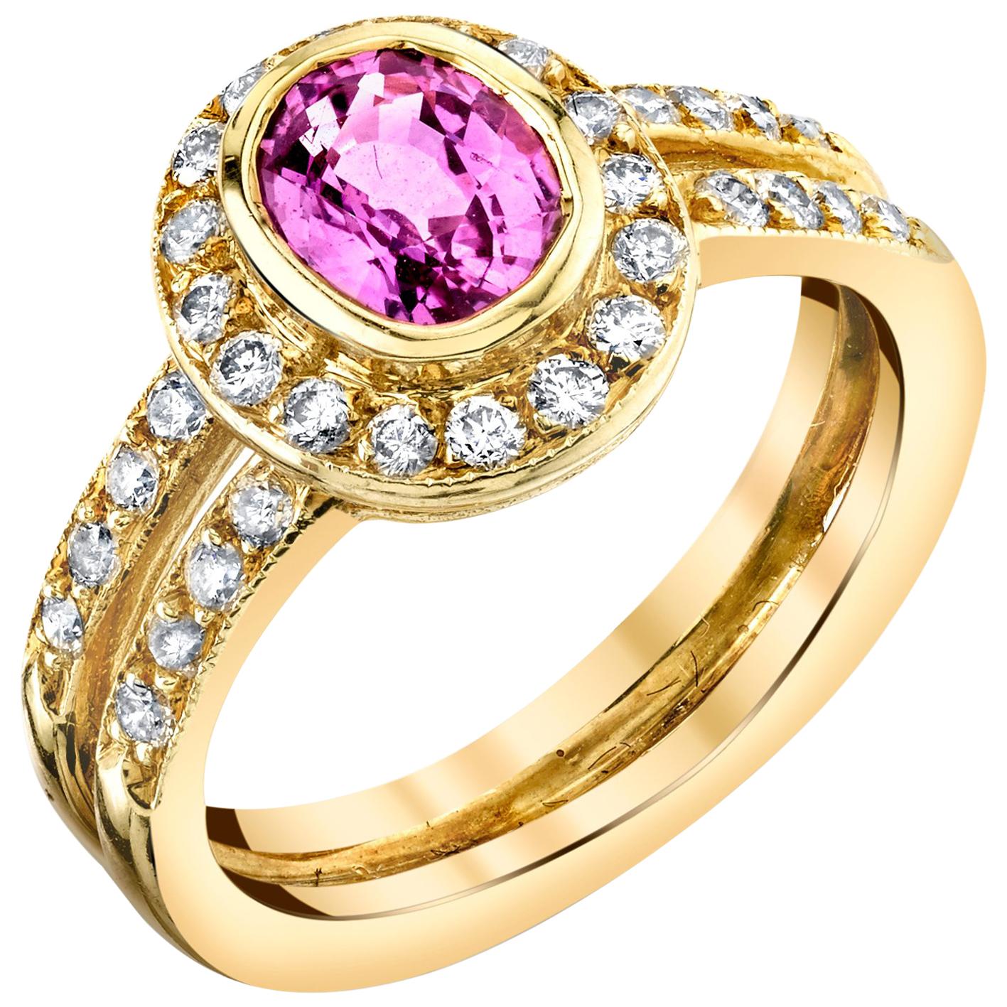 1.14 Carat Pink Sapphire and Diamond Halo Engagement Ring in 18k Gold For Sale