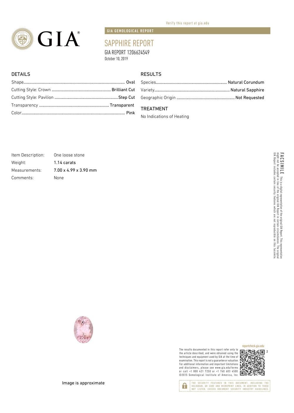 Saphir rose de forme ovale de 1,14 carat, certifié GIA, non chauffé Unisexe en vente
