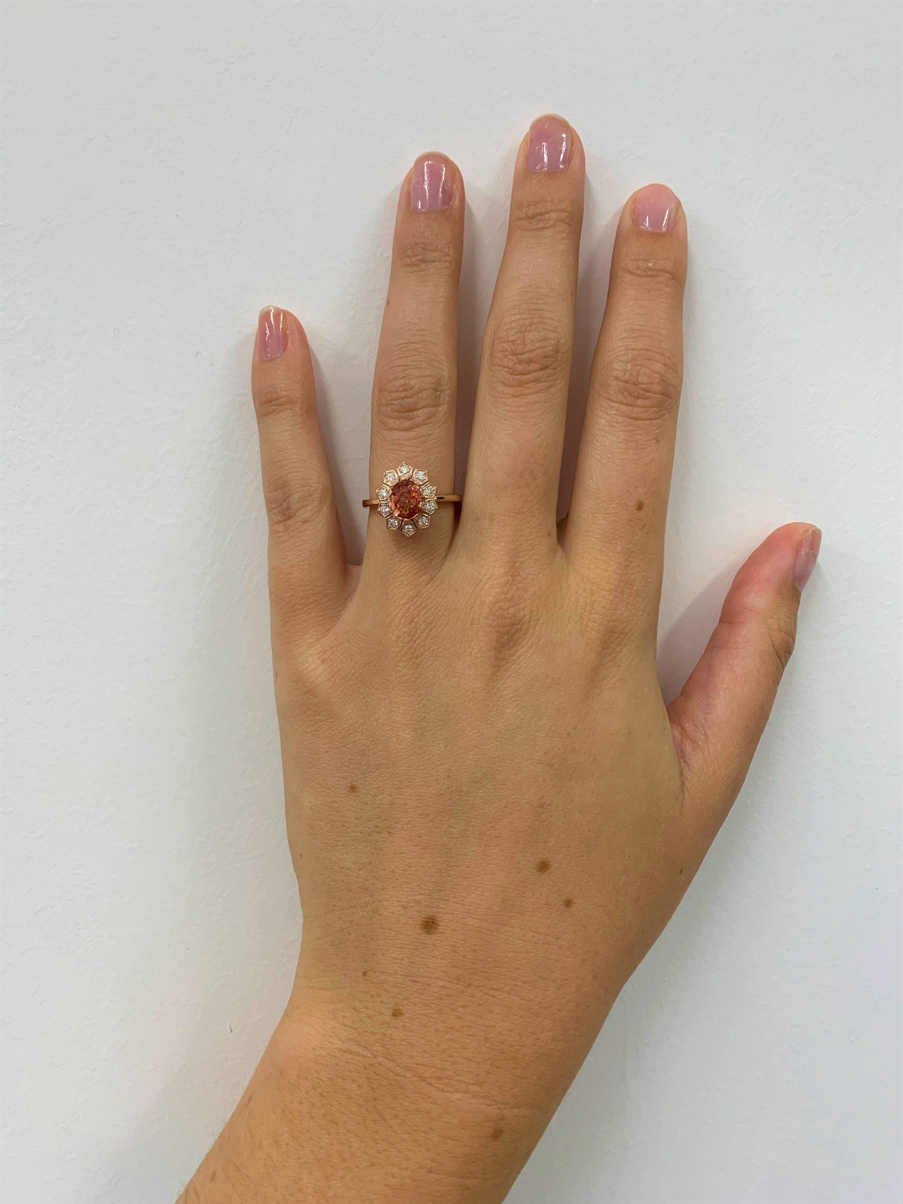 Oval Cut 1.14 Carat Padparadscha Sapphire and Diamond Ring For Sale