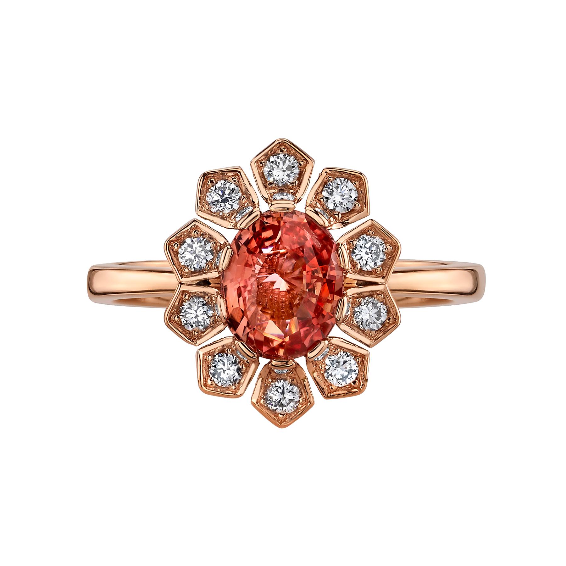 1.14 Carat Padparadscha Sapphire and Diamond Ring For Sale