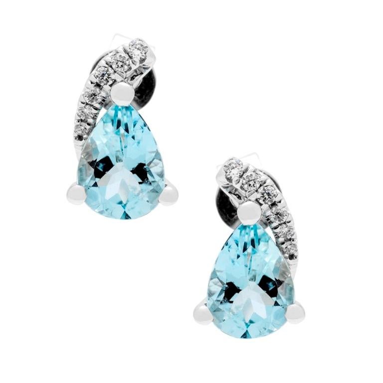 Pear Cut 1.14 Carat Pear-Cut Aquamarine Diamond Accents 14K White Gold Earring For Sale